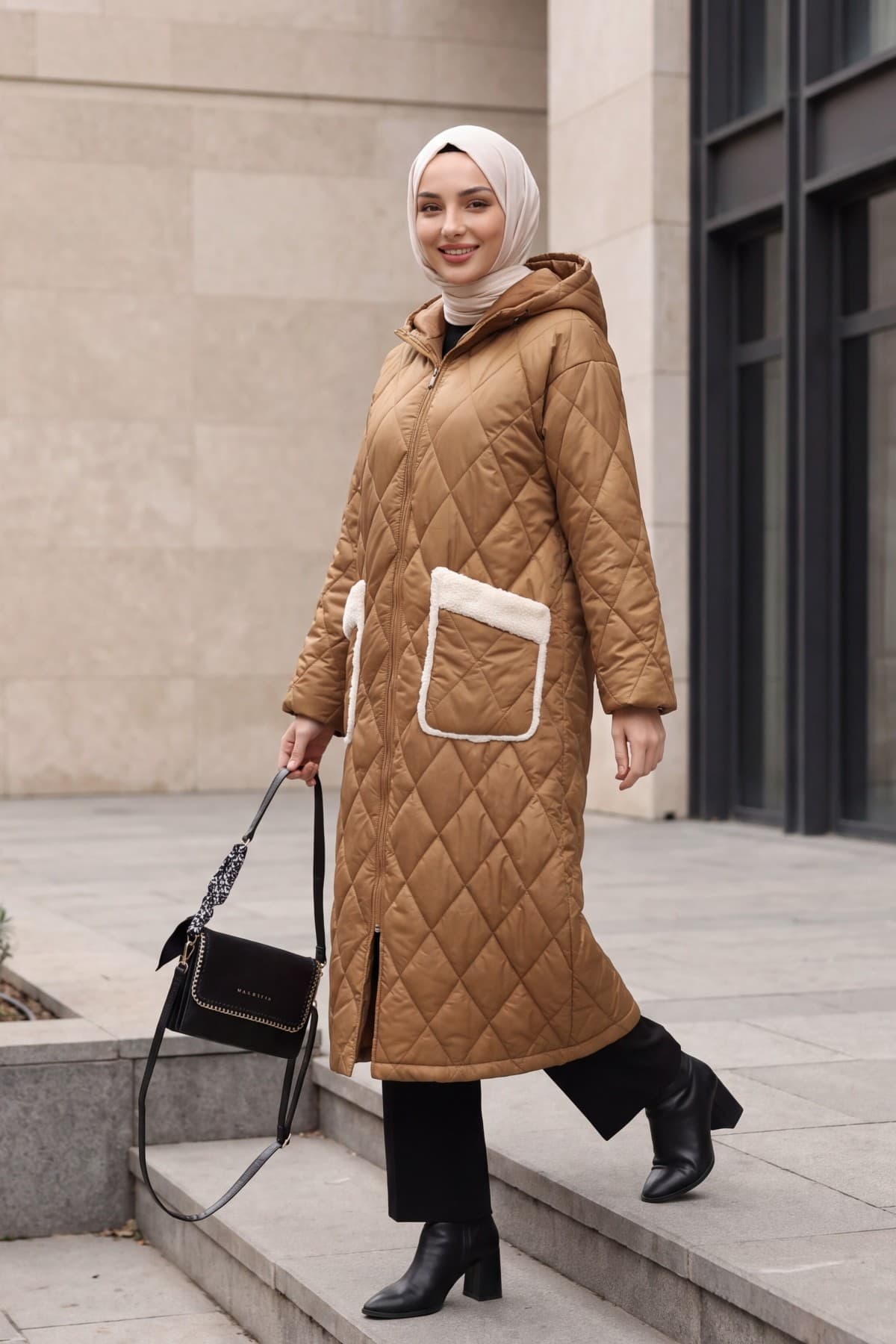 Long Quilted Coat with Pocket, Hood, Zipper and Lining-Snuff