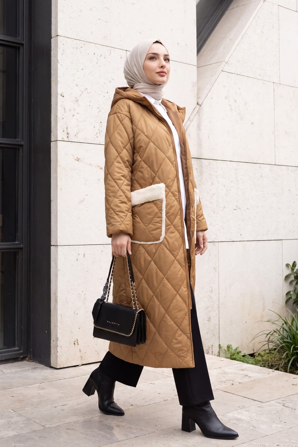 Long Quilted Coat with Pocket, Hood, Zipper and Lining-Snuff