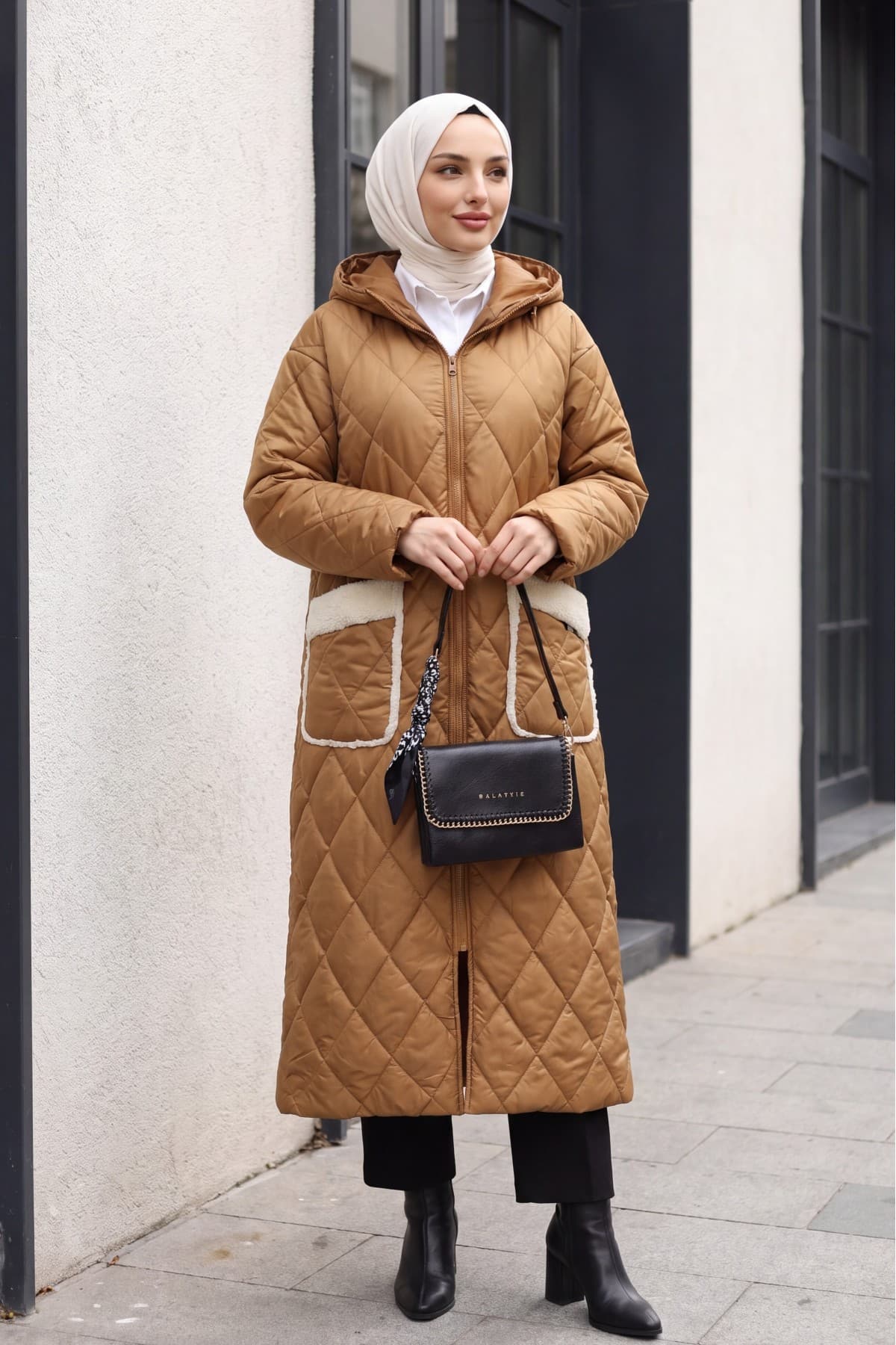 Long Quilted Coat with Pocket, Hood, Zipper and Lining-Snuff