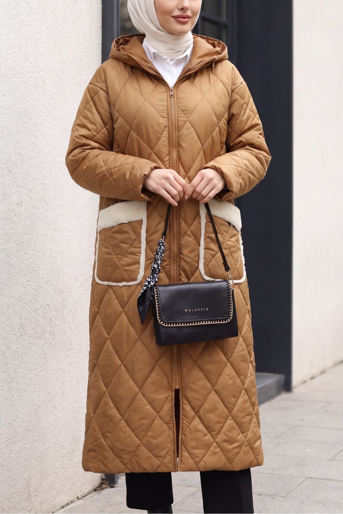 Long Quilted Coat with Pocket, Hood, Zipper and Lining-Snuff
