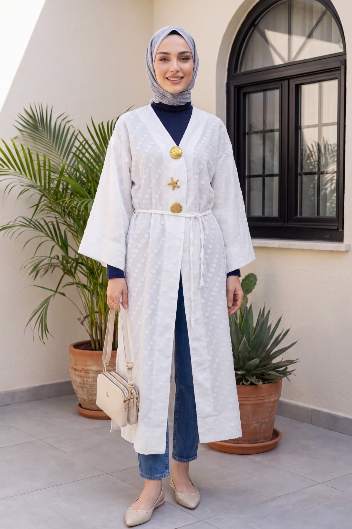 Jacquard Kimono with Brooch Detail and Side Slits, Embossed Polka Dot Pattern