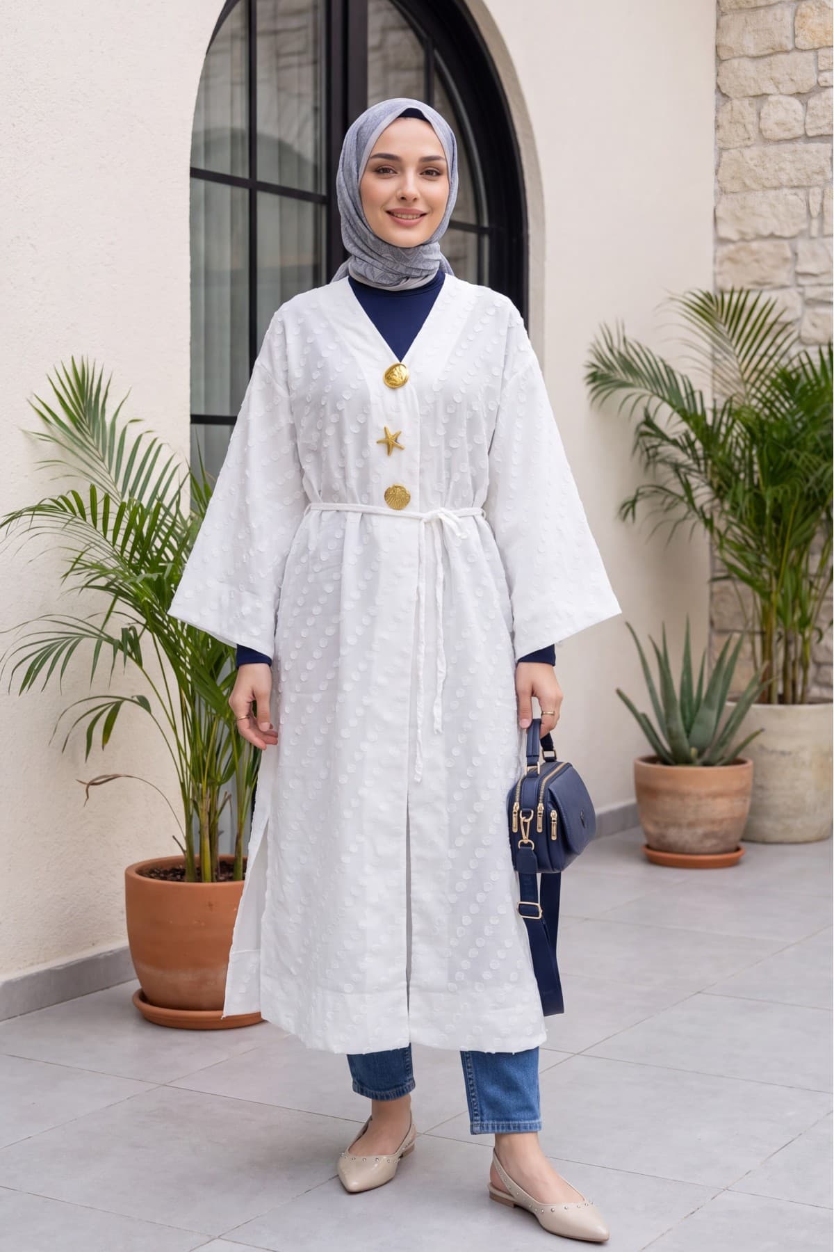 Jacquard Kimono with Brooch Detail and Side Slits, Embossed Polka Dot Pattern