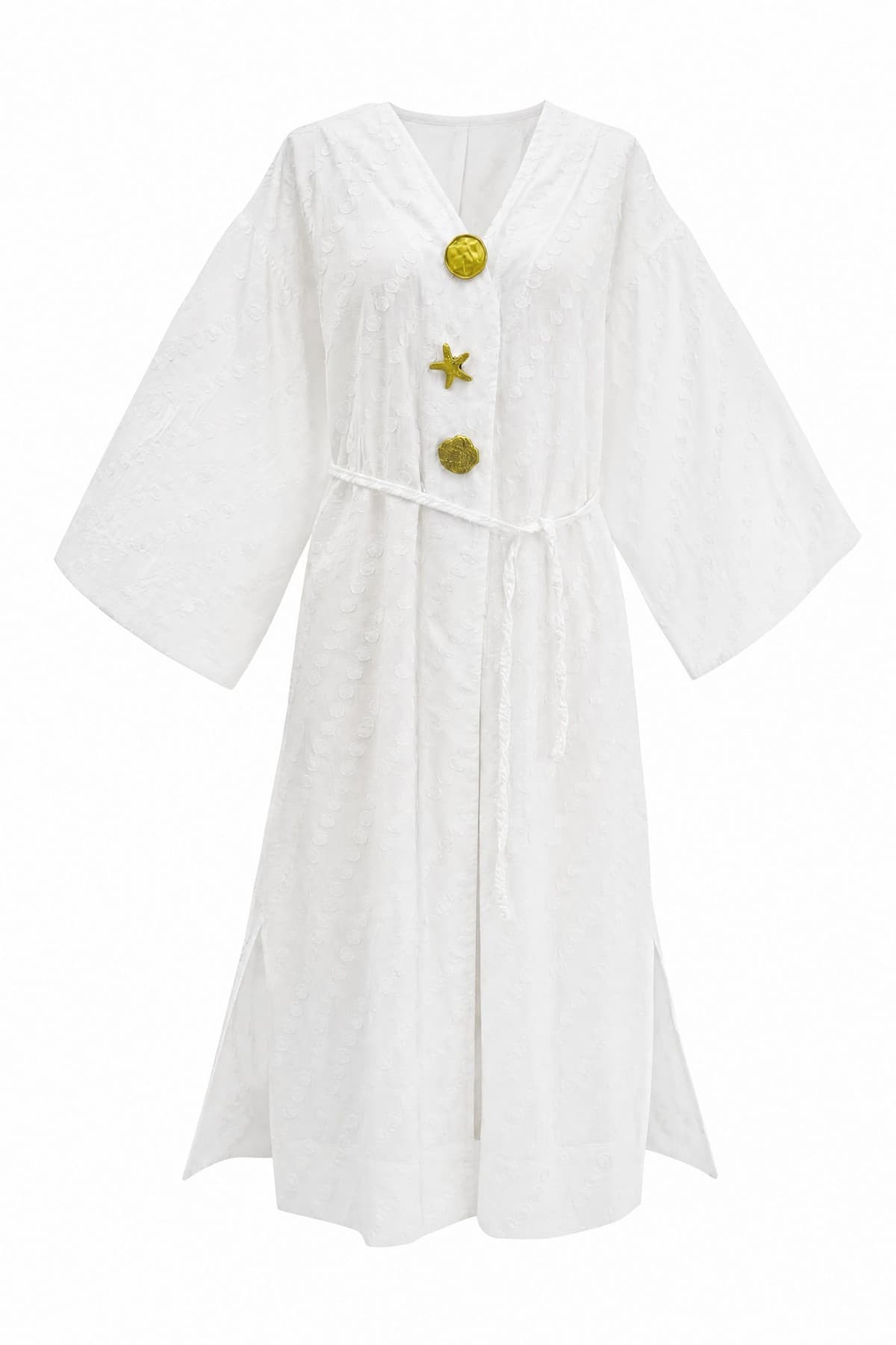Jacquard Kimono with Brooch Detail and Side Slits, Embossed Polka Dot Pattern
