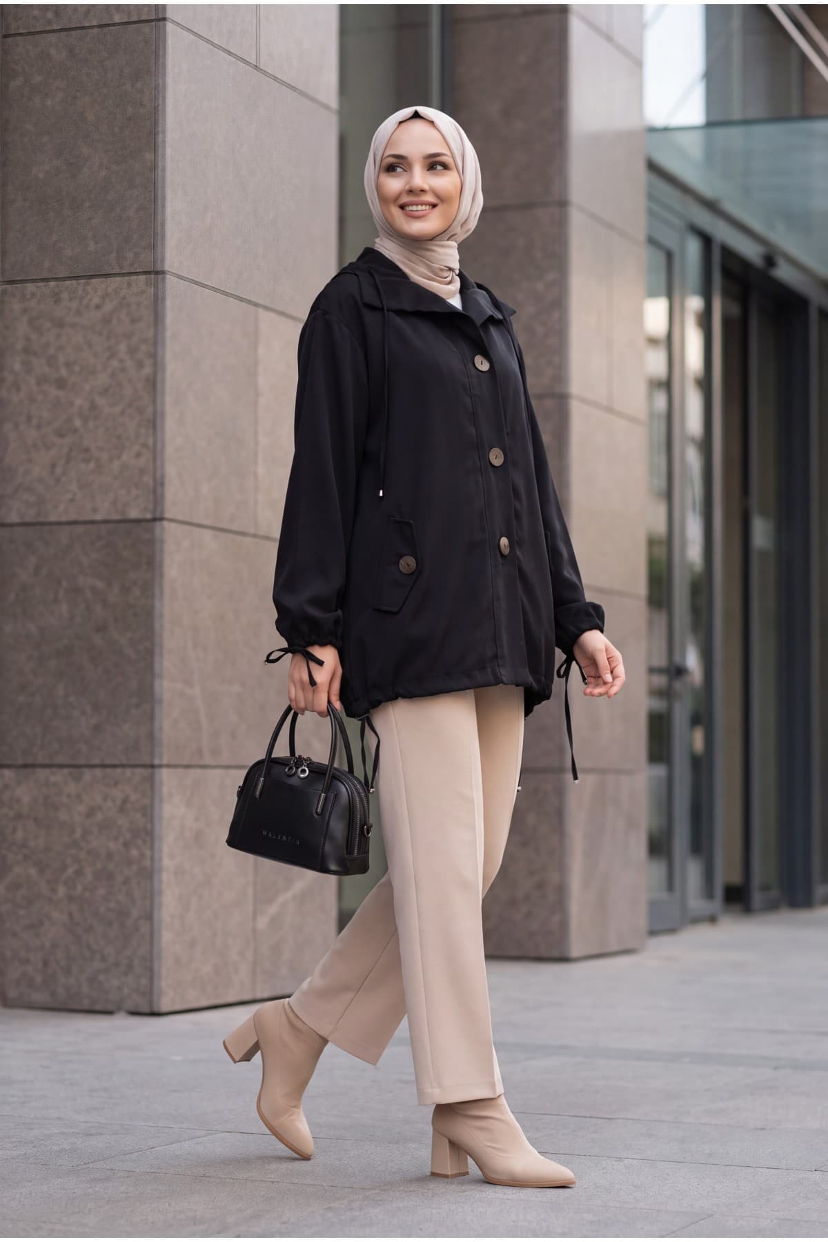 Tencel Jacket with Lace-Up Neck and Cuffs, Gathered Hem, and Flap Pockets