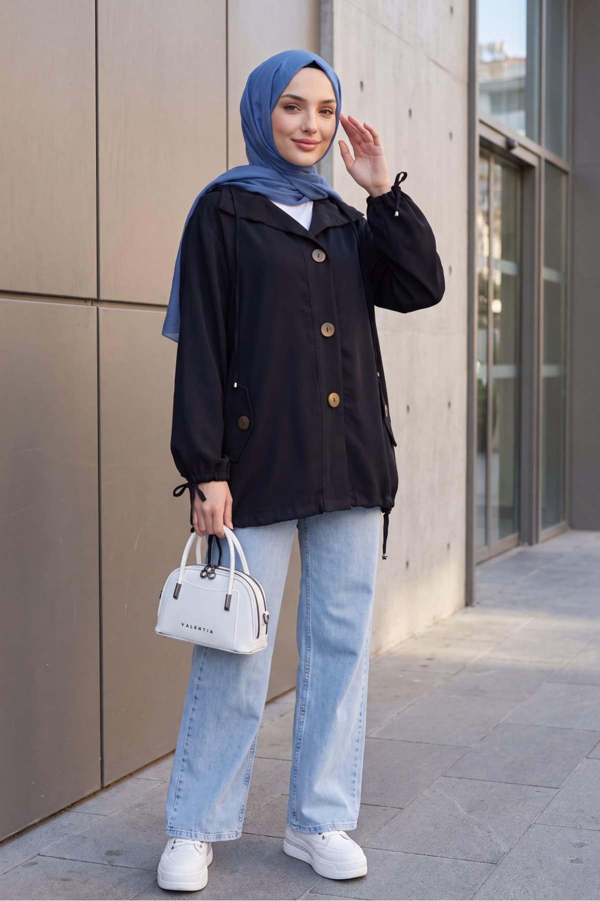 Tencel Jacket with Lace-Up Neck and Cuffs, Gathered Hem, and Flap Pockets