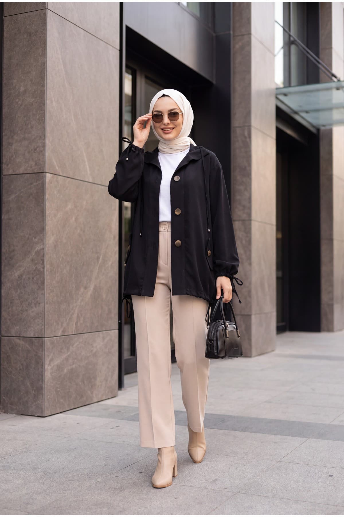 Tencel Jacket with Lace-Up Neck and Cuffs, Gathered Hem, and Flap Pockets