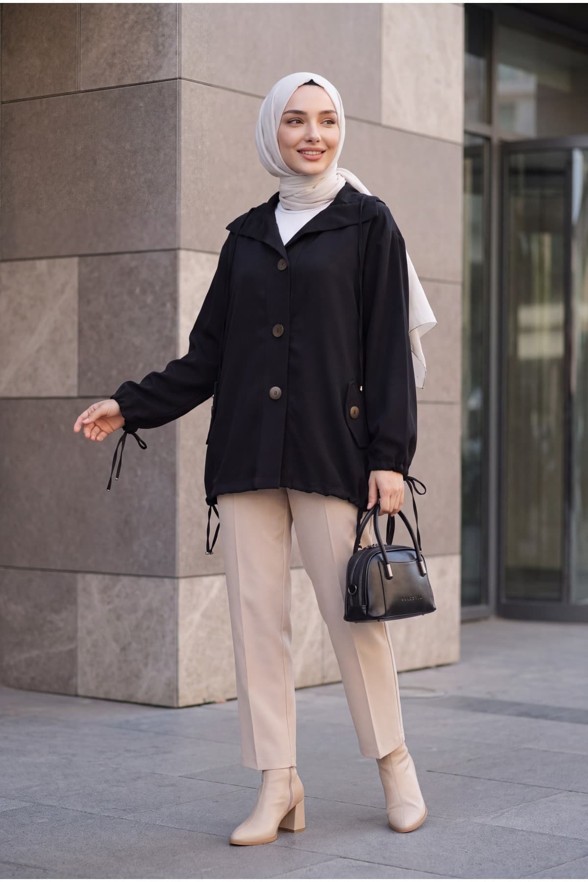 Tencel Jacket with Lace-Up Neck and Cuffs, Gathered Hem, and Flap Pockets