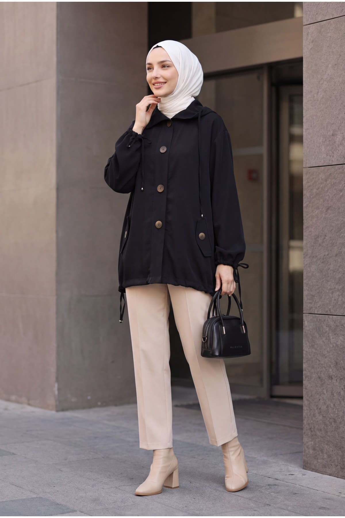 Tencel Jacket with Lace-Up Neck and Cuffs, Gathered Hem, and Flap Pockets