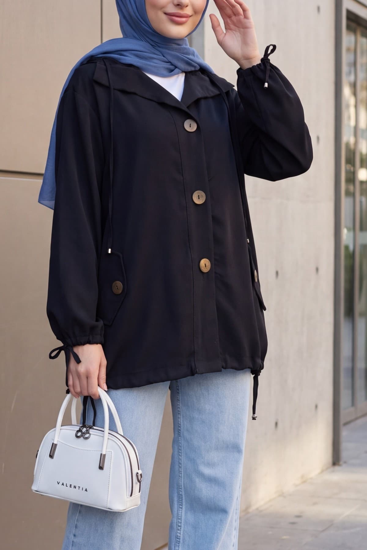 Tencel Jacket with Lace-Up Neck and Cuffs, Gathered Hem, and Flap Pockets