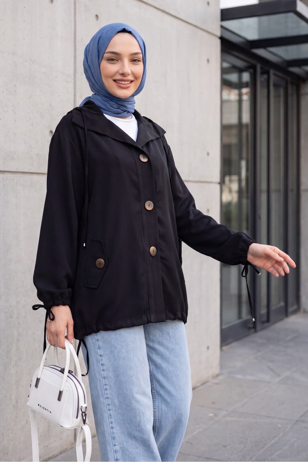 Tencel Jacket with Lace-Up Neck and Cuffs, Gathered Hem, and Flap Pockets