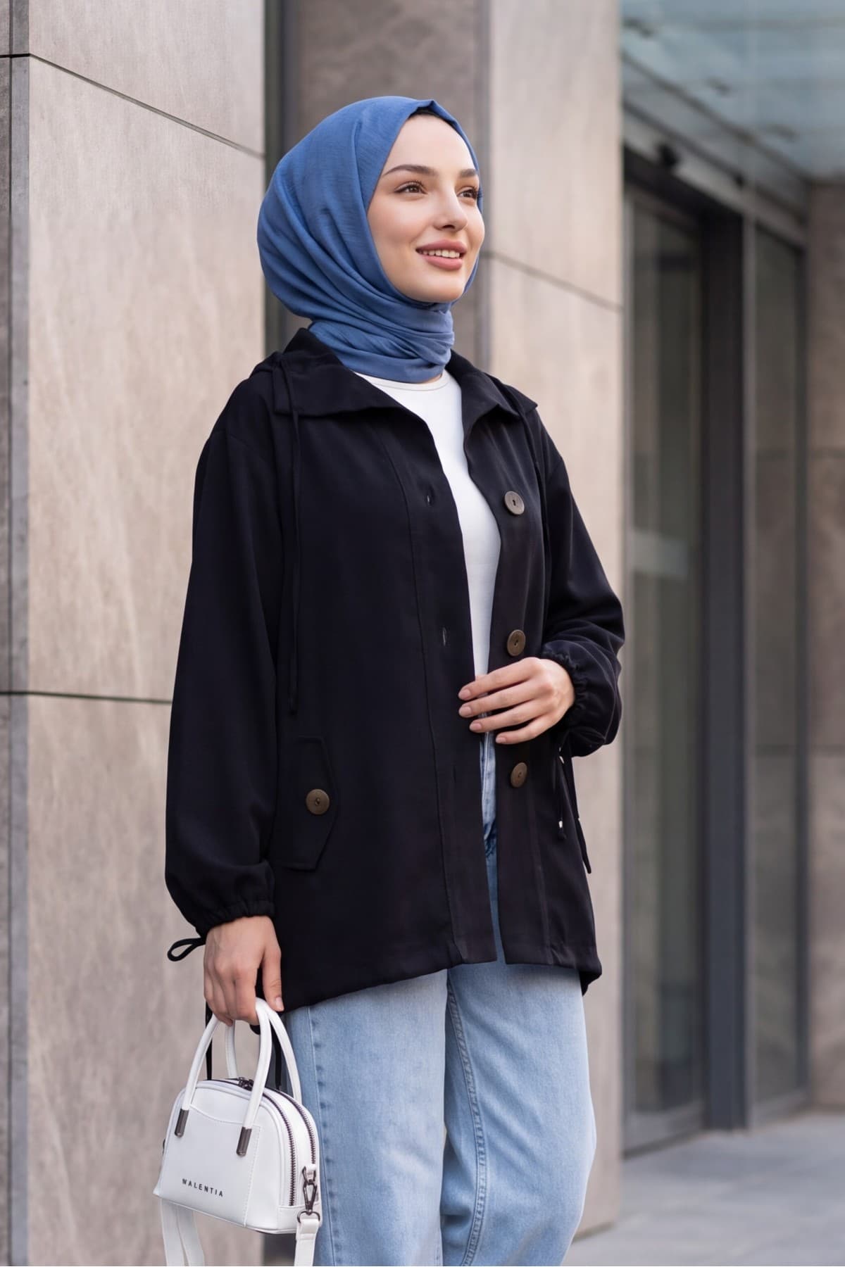 Tencel Jacket with Lace-Up Neck and Cuffs, Gathered Hem, and Flap Pockets