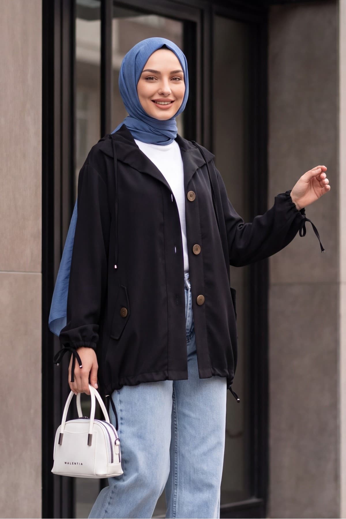 Tencel Jacket with Lace-Up Neck and Cuffs, Gathered Hem, and Flap Pockets